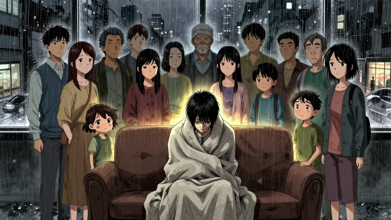 Family forming protective circle around sick person inside during rainstorm