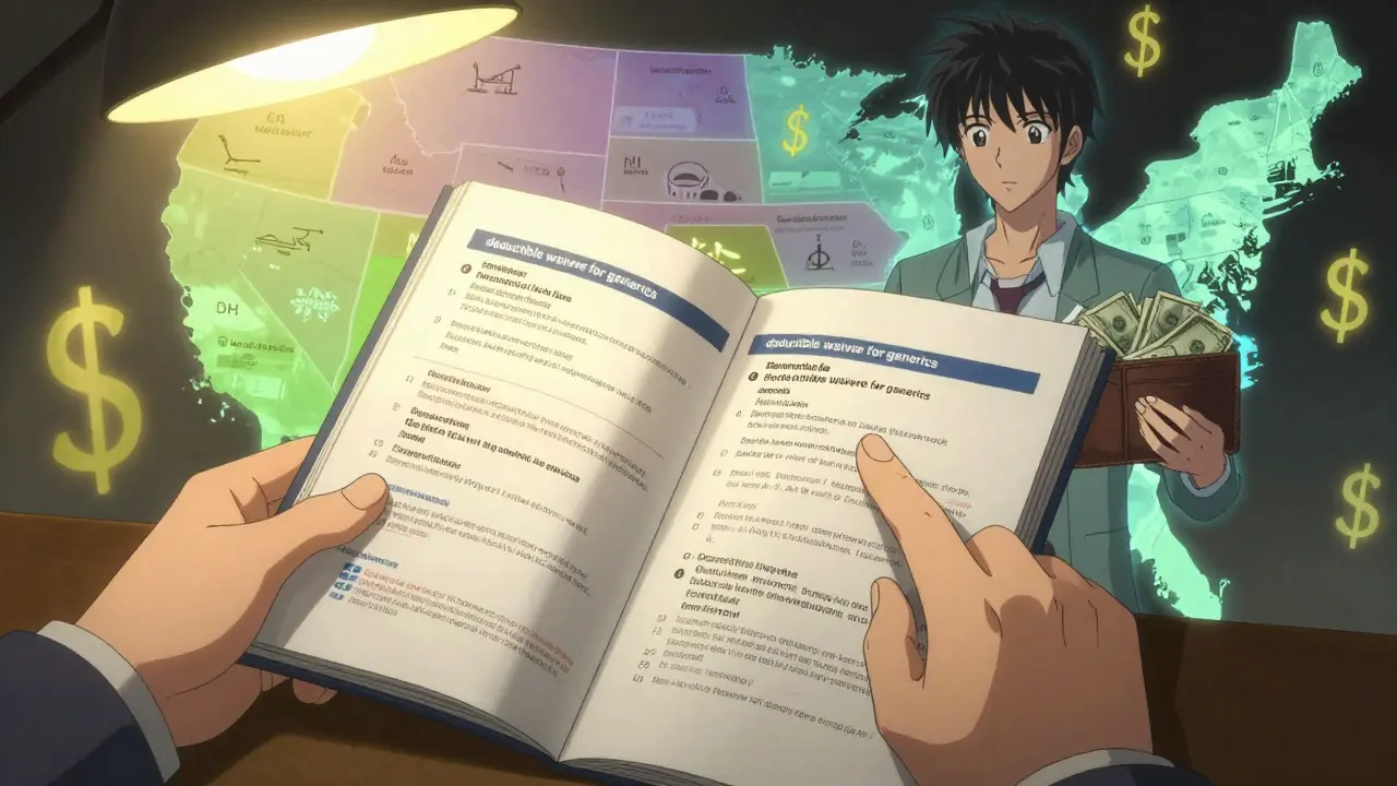 Hands flipping through a health plan booklet under lamplight, with translucent figures and state maps floating around, symbolizing hidden drug cost rules.