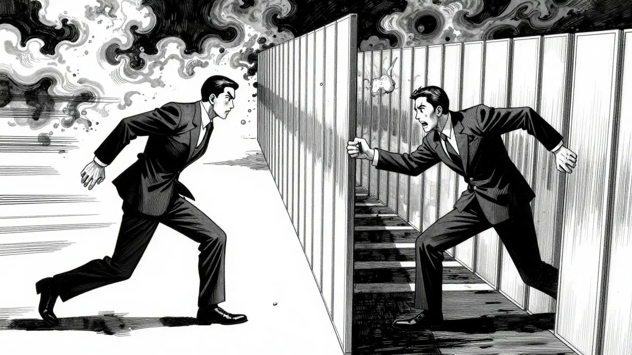 Politicians divided by translucent bureaucratic wall barriers.