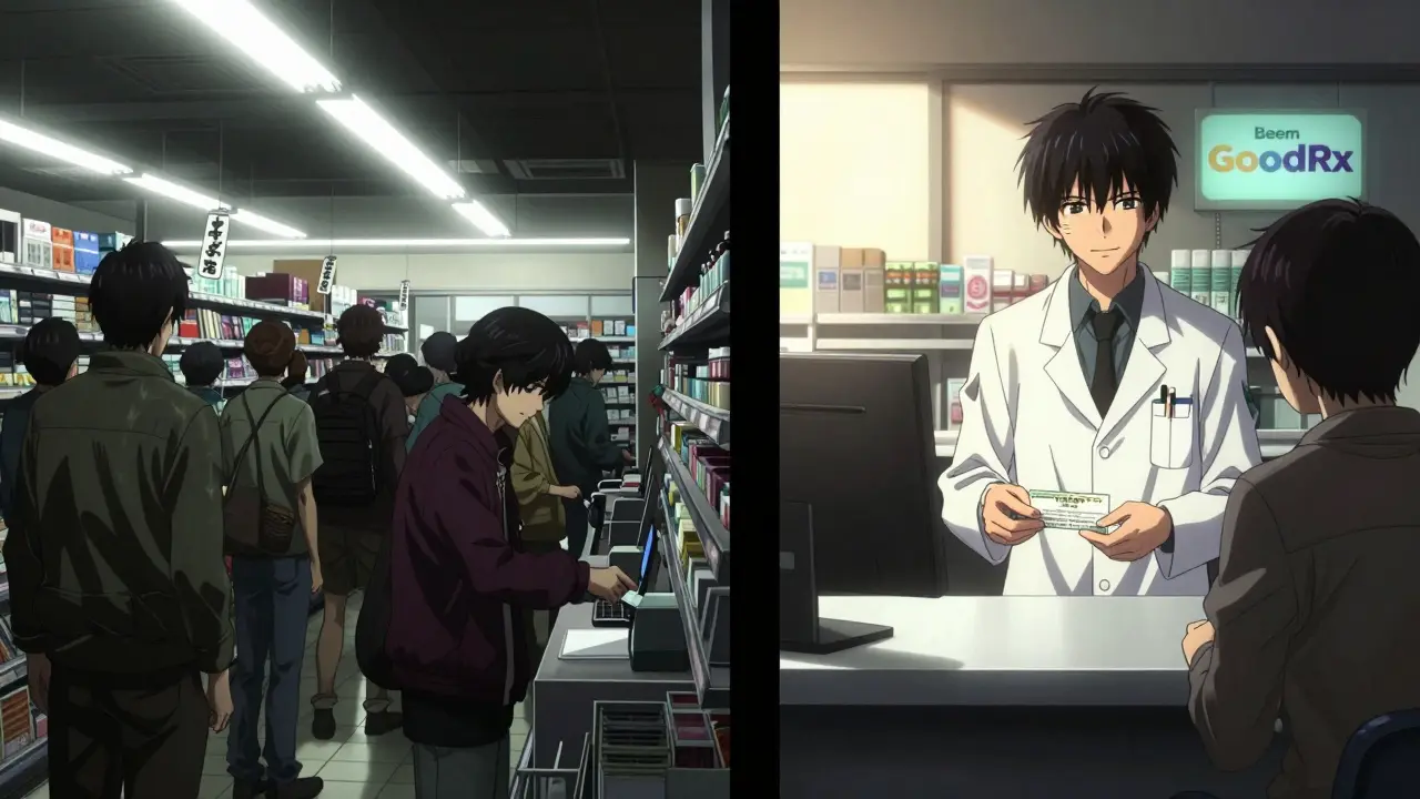 Split scene: crowded, oppressive CVS pharmacy vs. calm, sunlit counter with a voucher being handed over.
