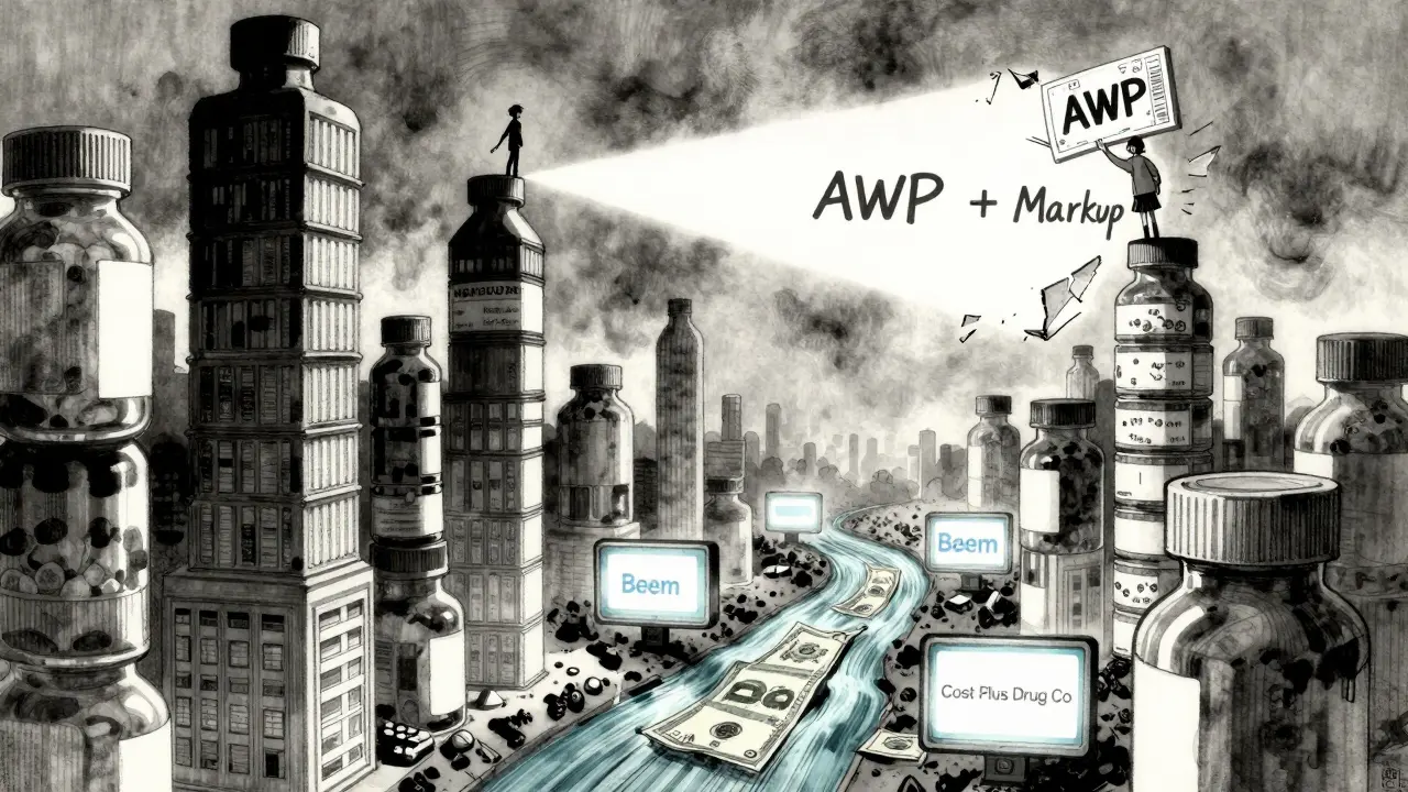 Towering pharmacy buildings made of pills collapse under a coupon’s light, piercing through fog labeled 'AWP + Markup'.