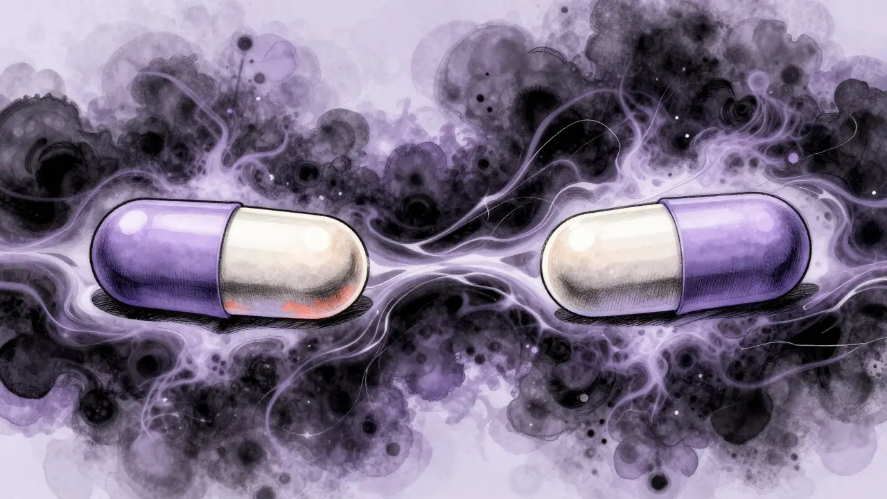 A conceptual mirror image of two pills dissolving into a bloodstream