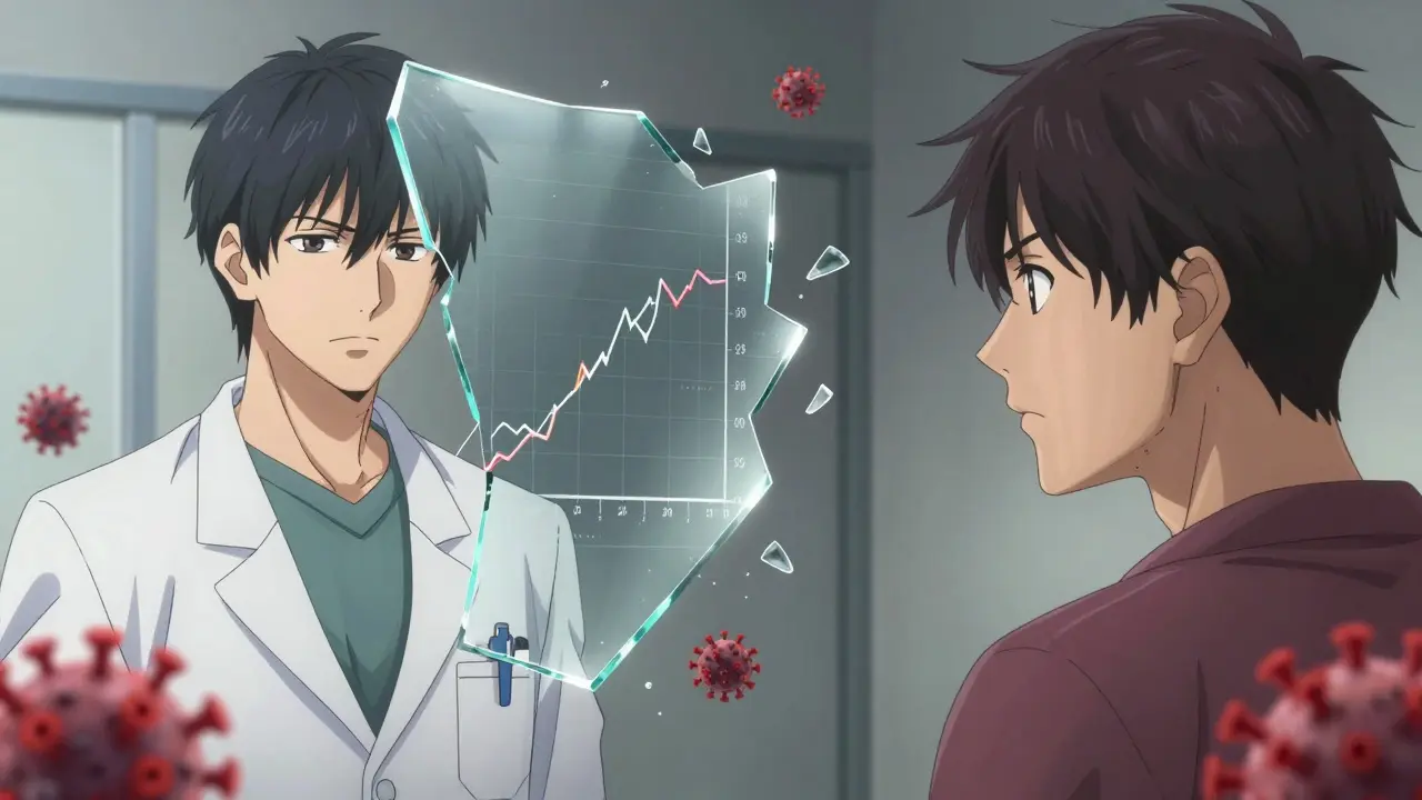 A doctor and patient analyzing a fragmented glass display of drug concentration data.