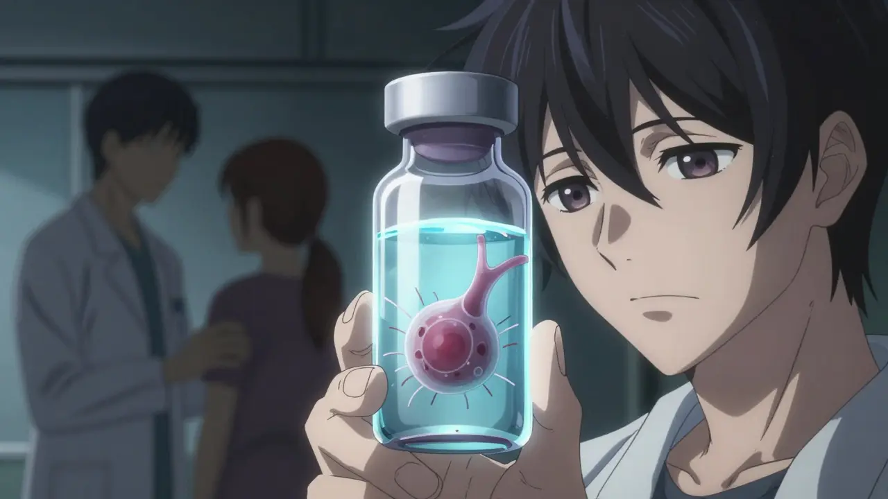 A glowing vial of biosimilar medicine in a futuristic clinical setting