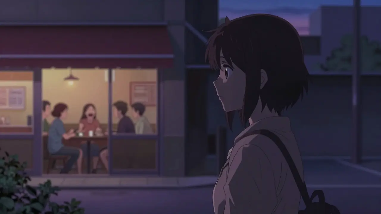 A lonely person looking at a distant restaurant in a dark, atmospheric city setting.