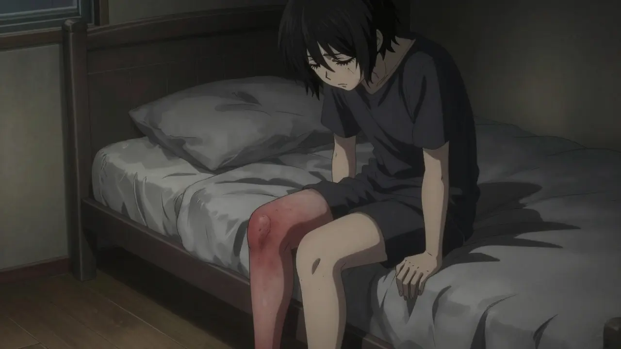 A person looking at their swollen, red calf with a worried expression in a moody room.