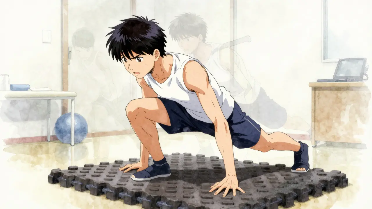 A person performing balance exercises during vestibular rehabilitation therapy.