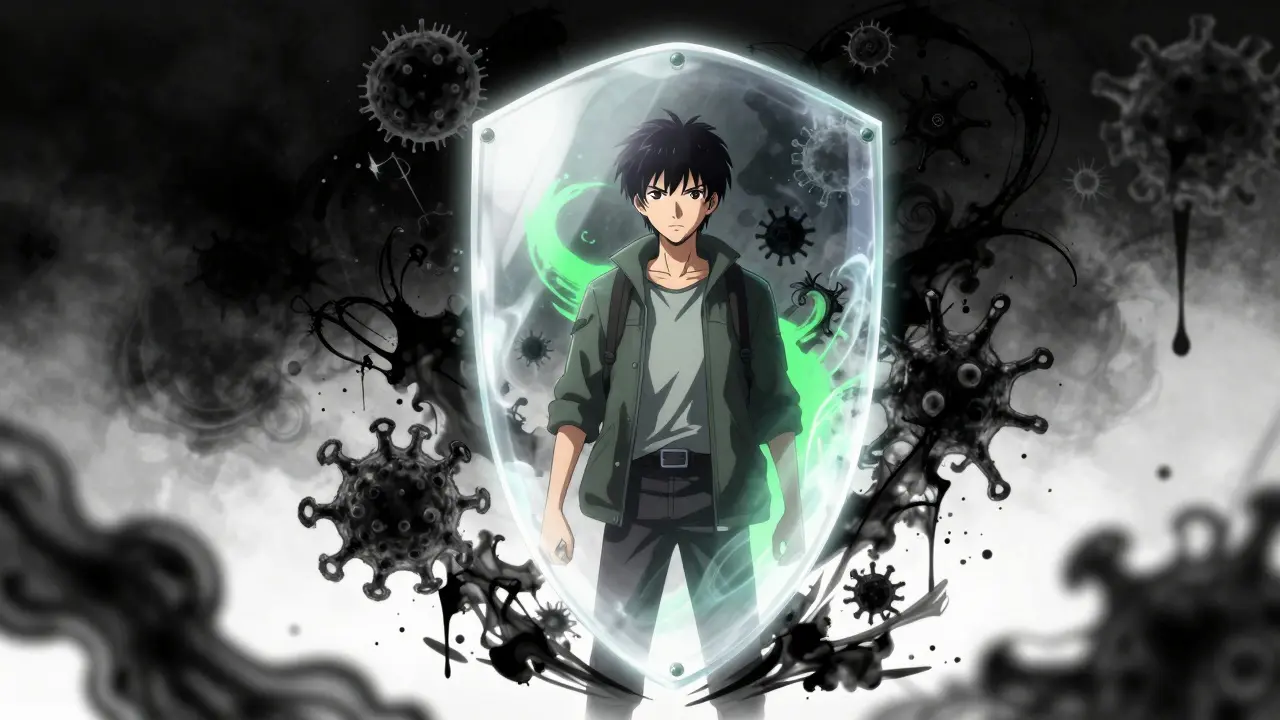 A traveler protected by a shimmering ethereal shield against dark abstract shapes.