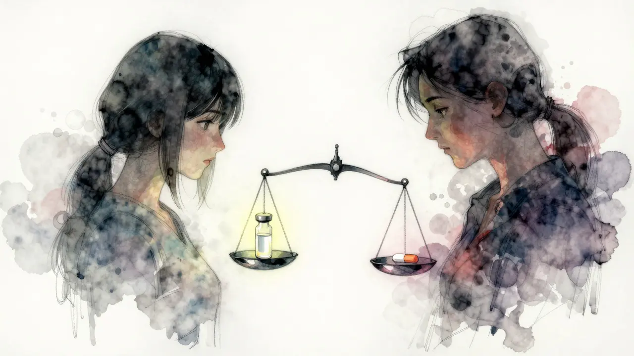 Abstract representation of two overlapping medical conditions merging into one person in a sketchy art style.