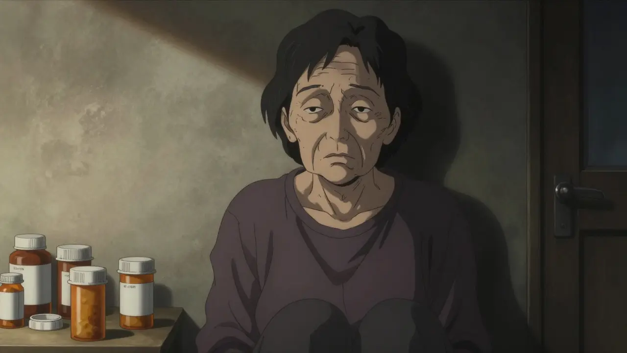 An elderly person sitting with several medication bottles in a somber, stylized setting.