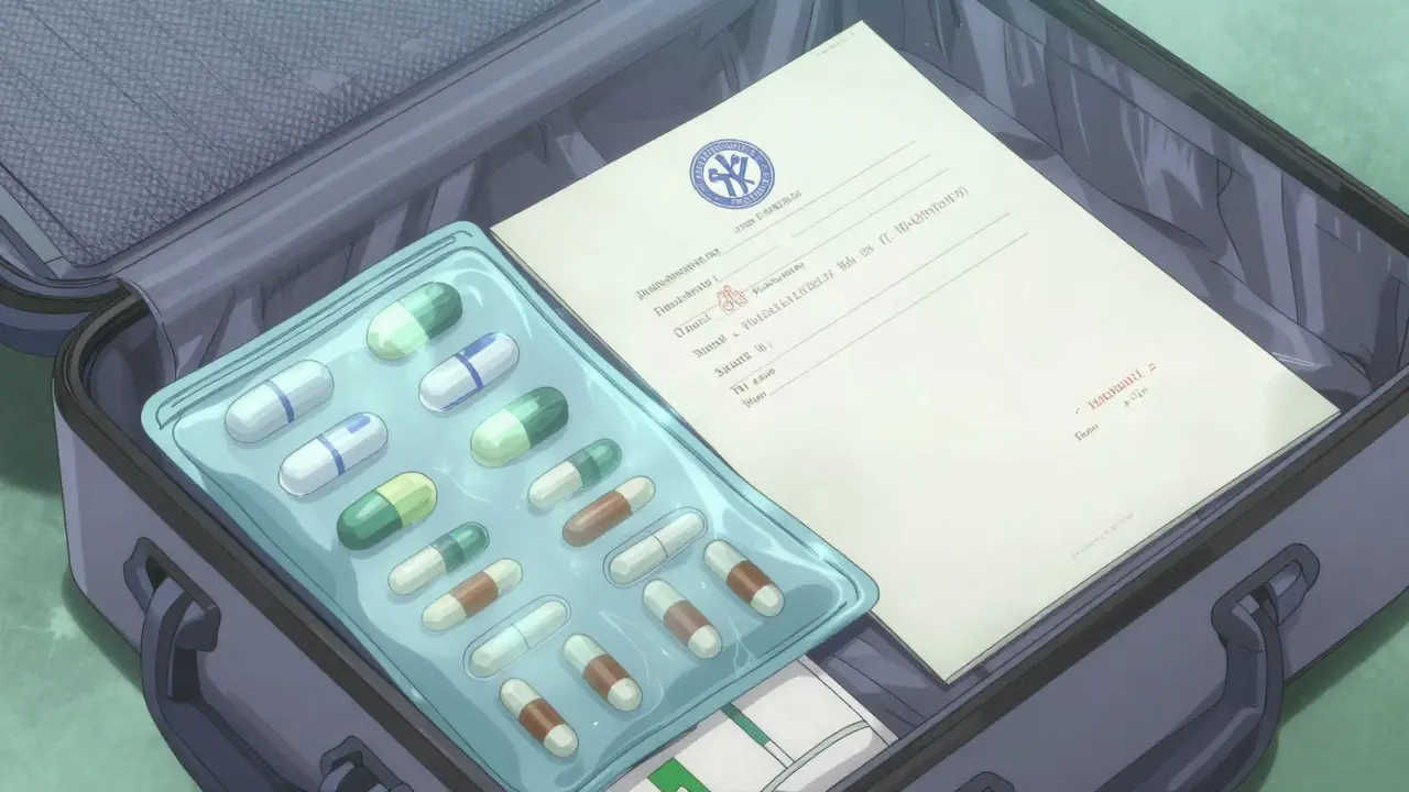 Carry-on bag with cooling pouches and a doctor's letter in Sui Ishida's artistic anime style.