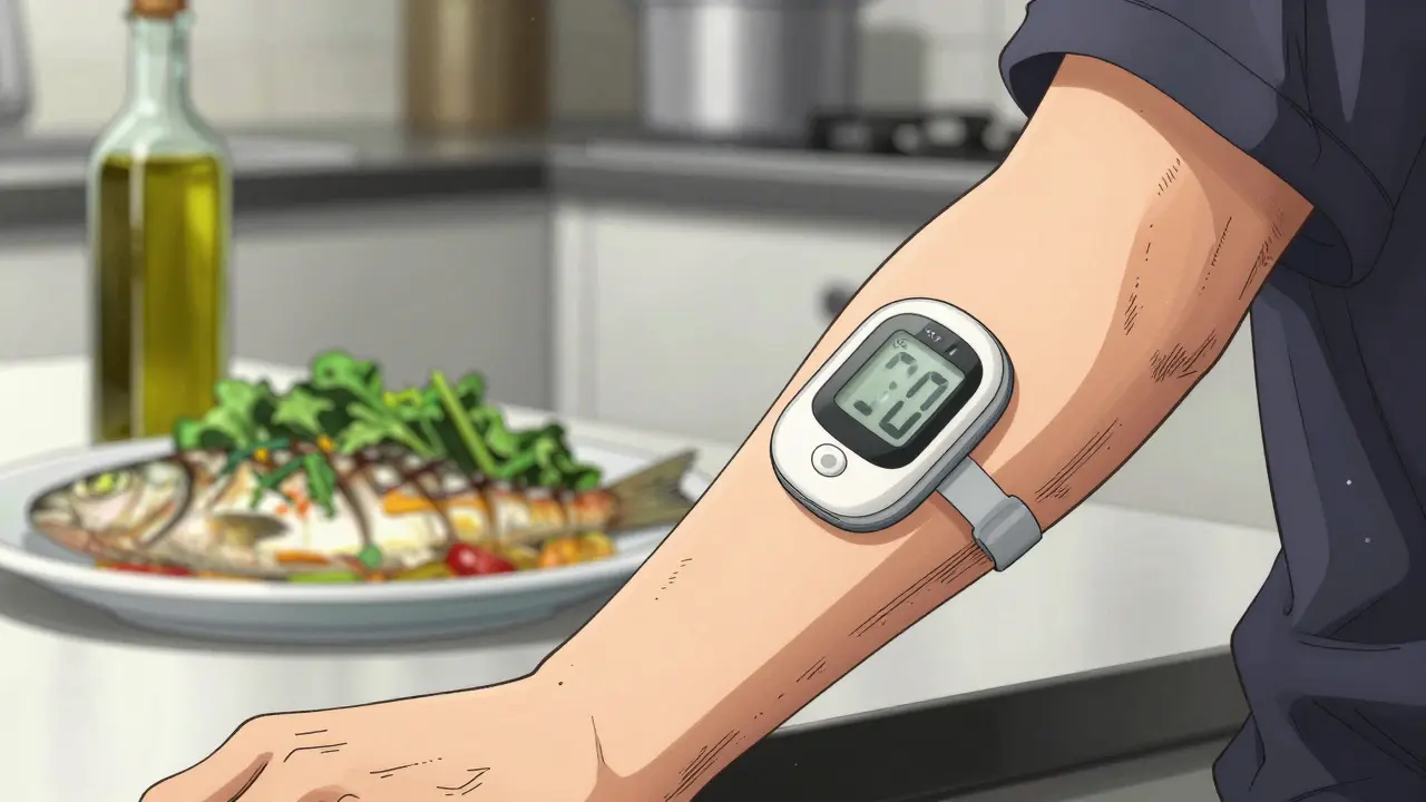 Close-up of a CGM sensor on an arm with a Mediterranean meal nearby, Sui Ishida style.