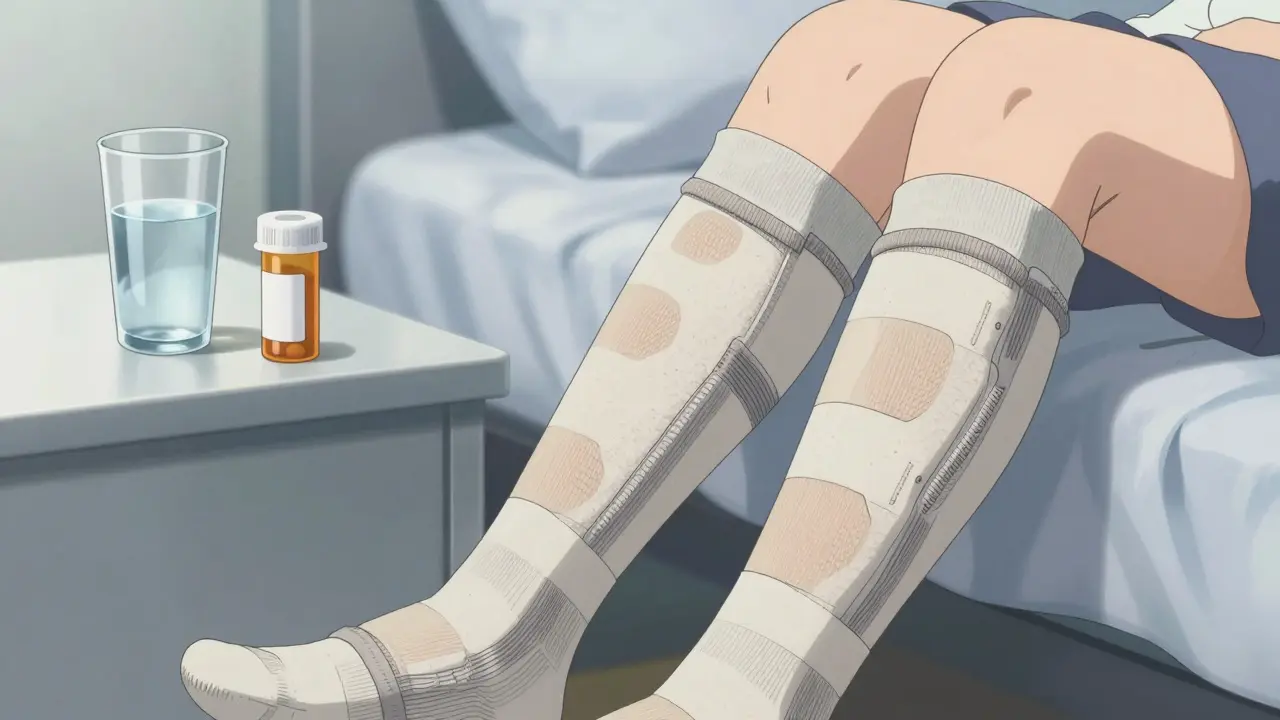 Close-up of legs in compression stockings next to a glass of water and medication.