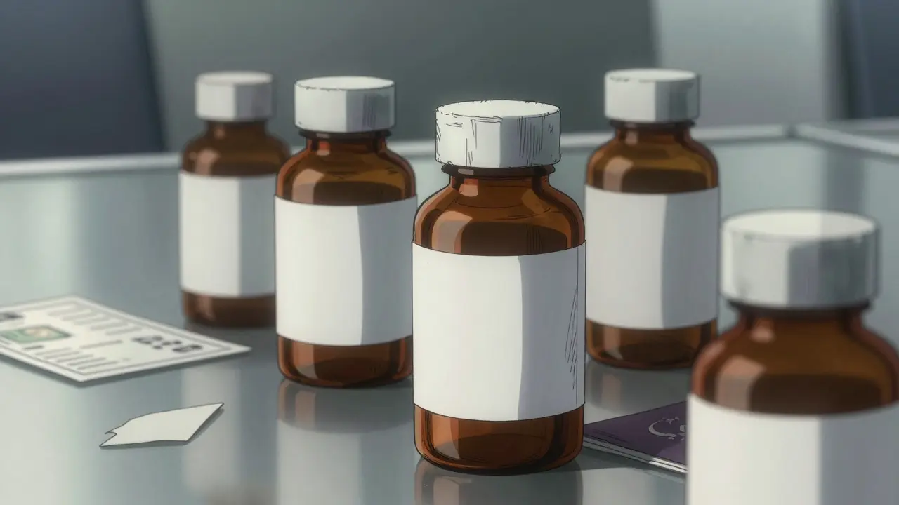 Close-up of original pharmacy bottles with labels on an airport surface in Sui Ishida manga style.