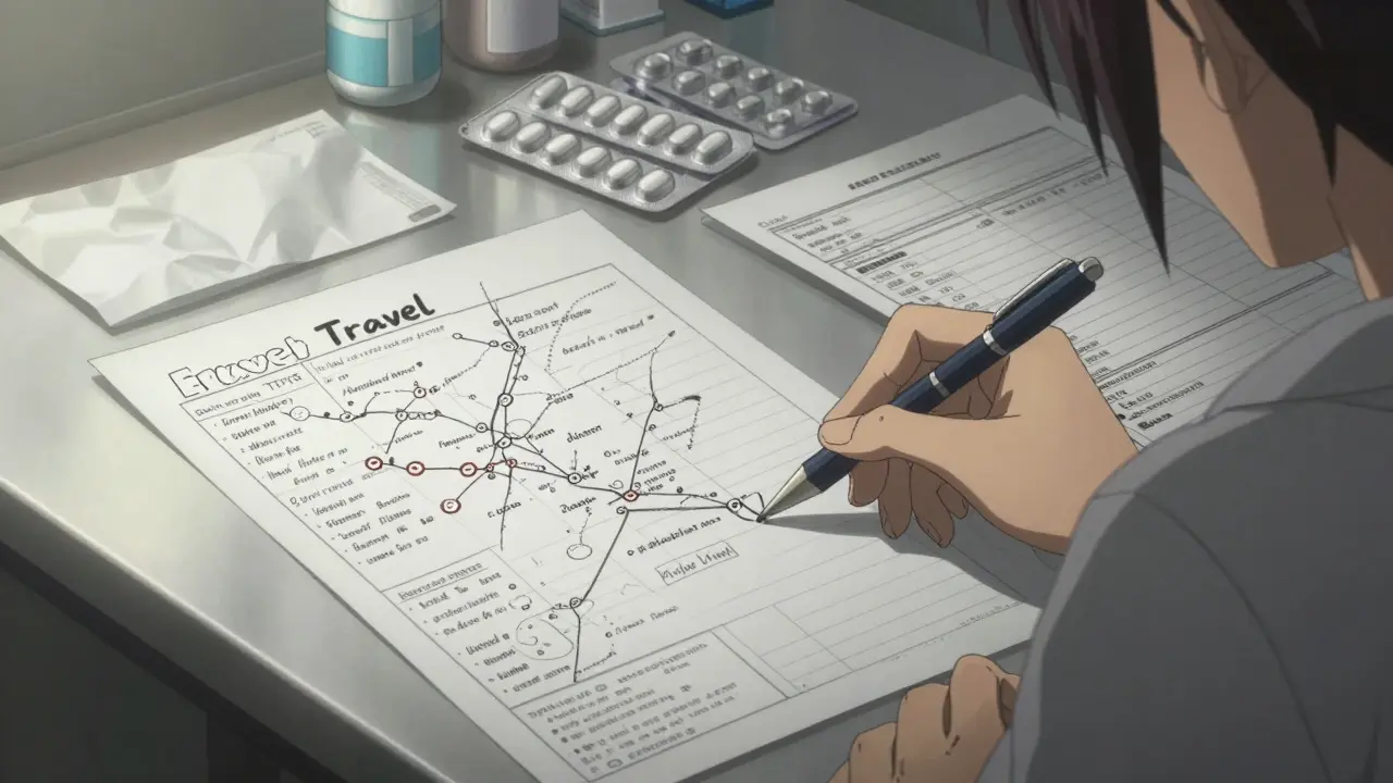 Close-up of travel itineraries and medications on a clinic table in a sketchy manga style.