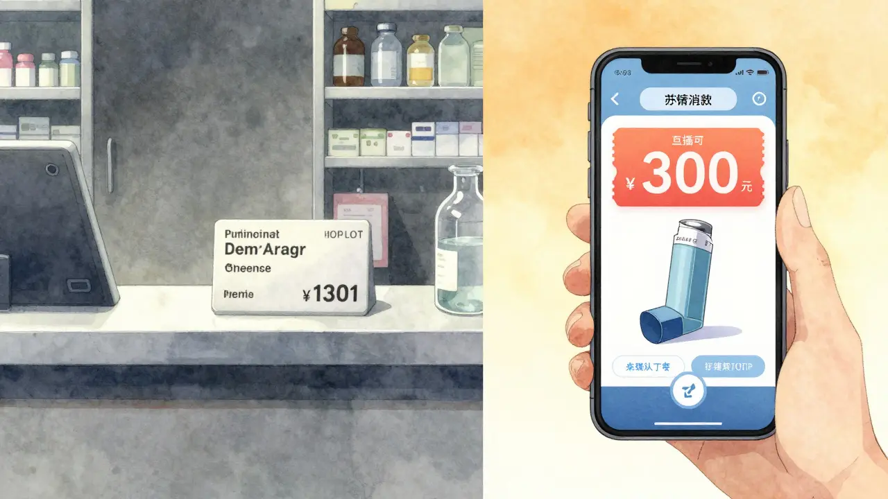 Comparison between expensive pharmacy prices and a digital discount coupon in anime style.