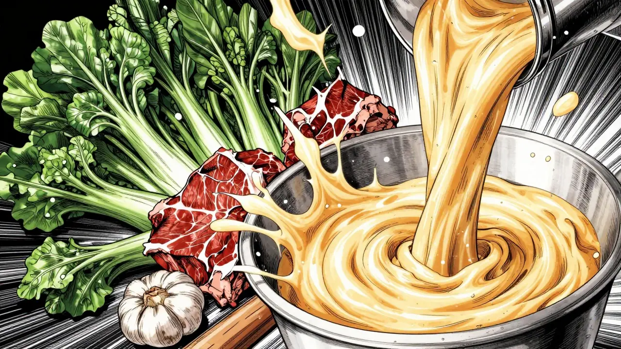 Conceptual anime art showing food transforming from rough solids into smooth, blended liquids.
