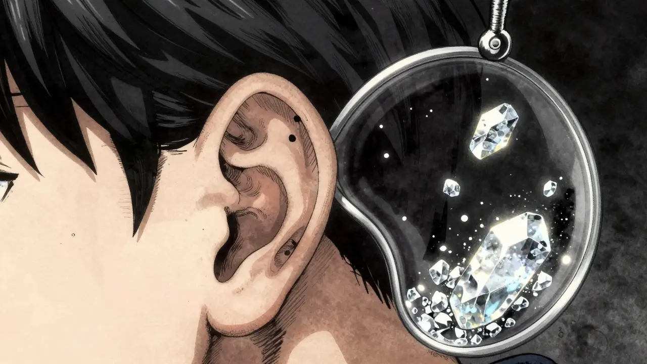 Conceptual view of inner ear canals with displaced glowing calcium crystals.