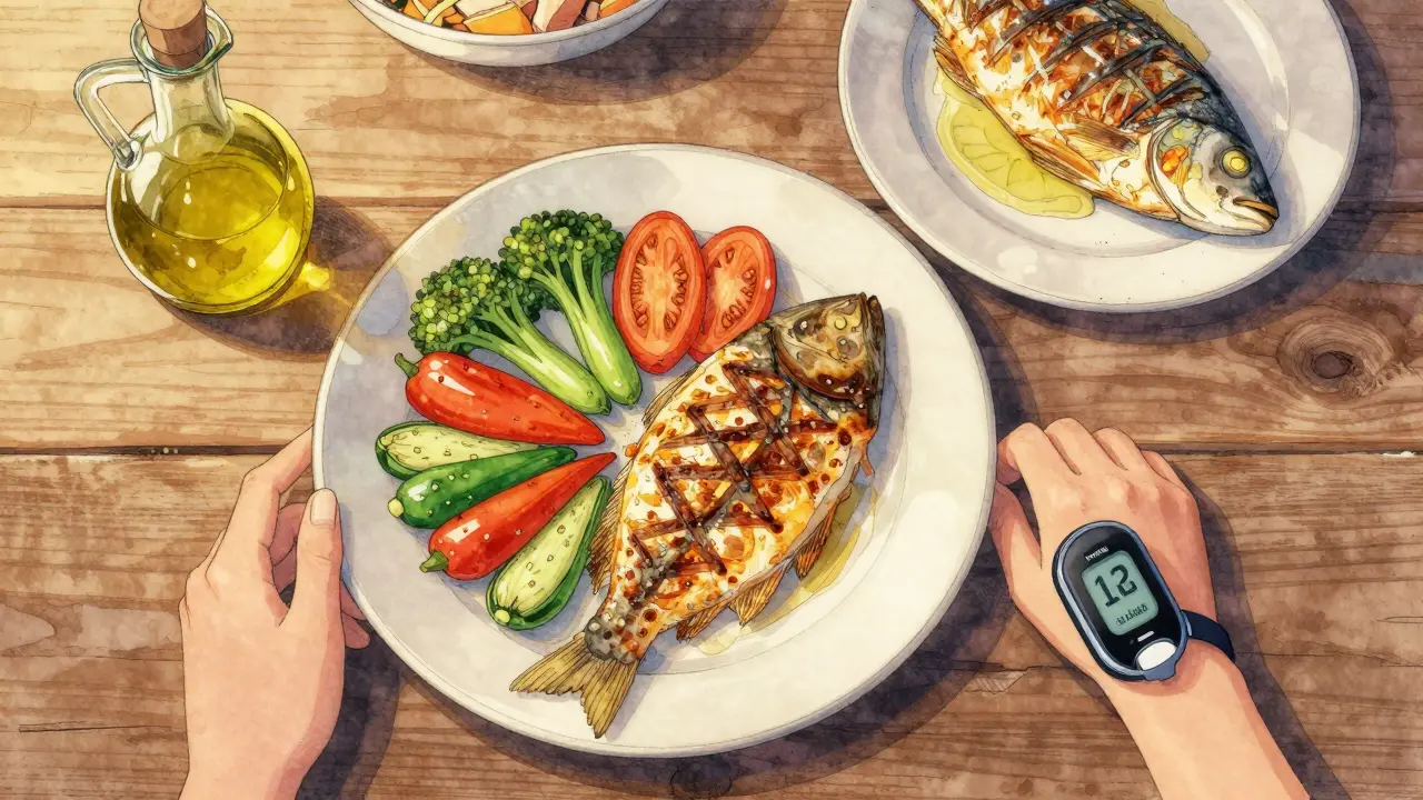 Healthy Mediterranean meal next to a glucose monitor in a soft, detailed anime art style.