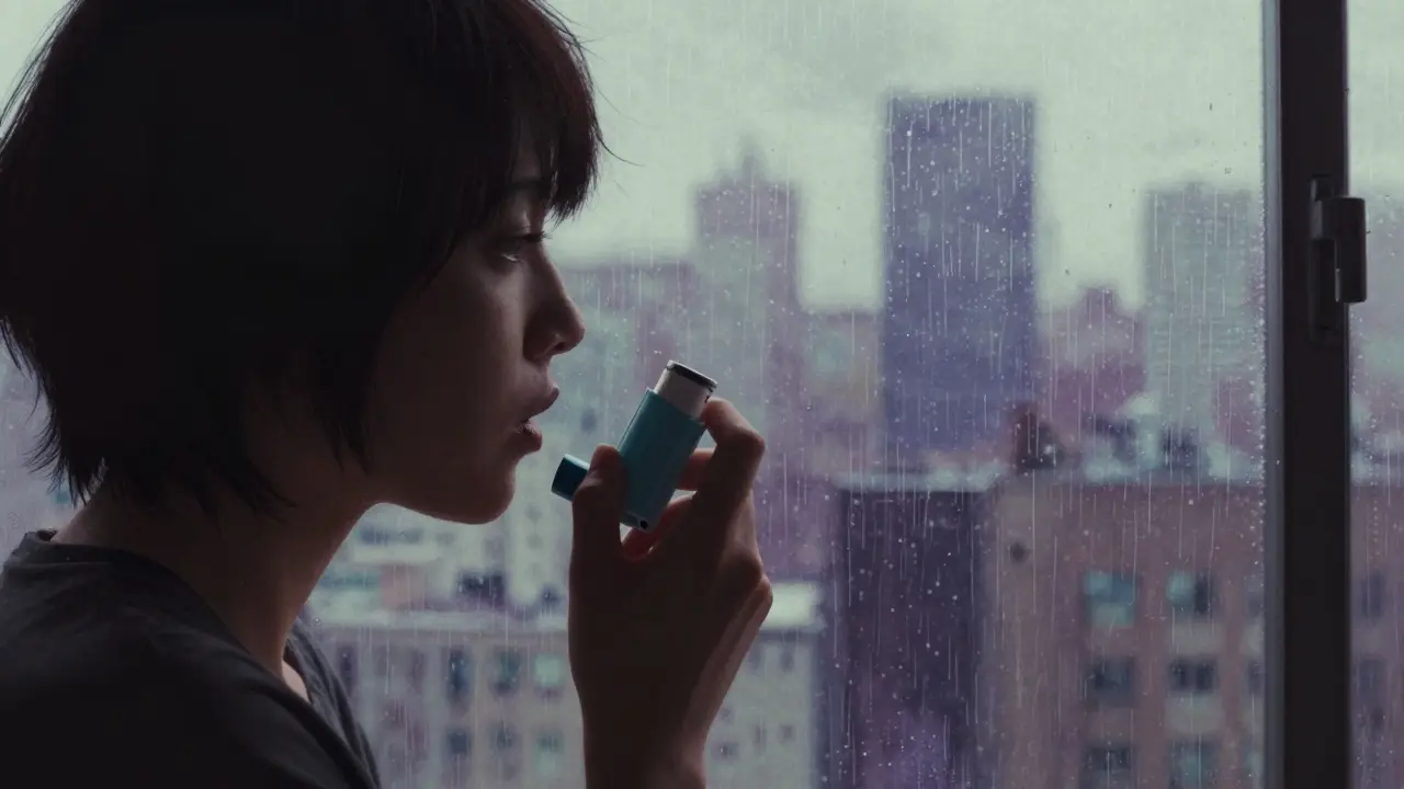 Person holding an inhaler looking at a city skyline in a moody anime art style.