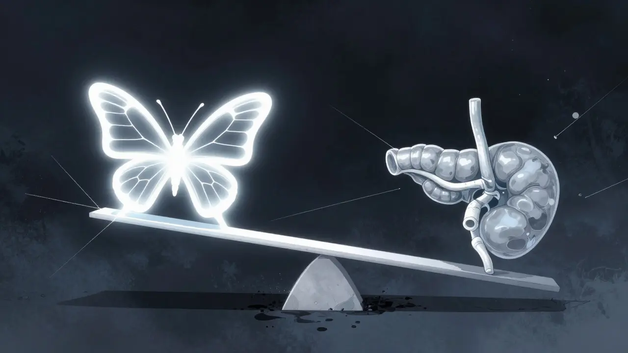 Surreal seesaw balancing a thyroid and pancreas in a dark void, Sui Ishida style.