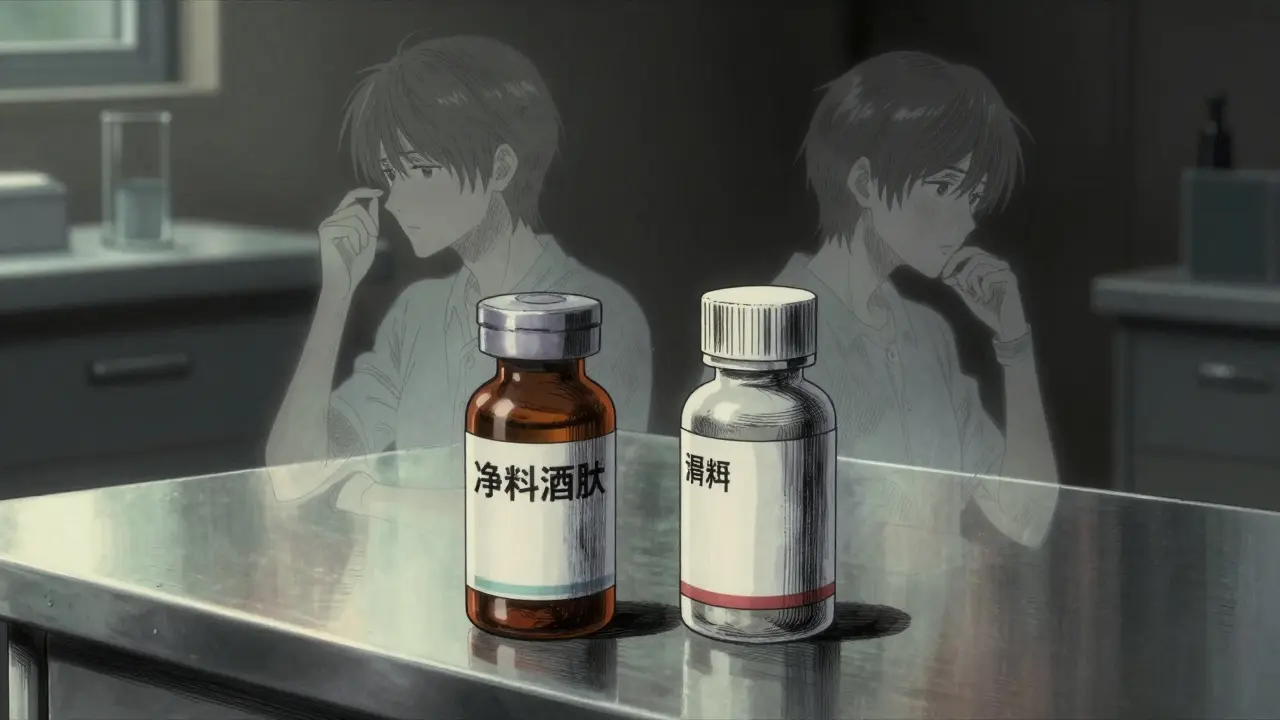 Two medicine bottles on a table with ghostly overlapping figures showing different body reactions.